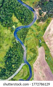 Winding River Summer Aerial View From A Drone