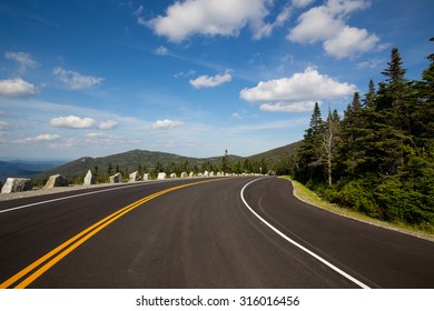 Winding Road In Adirondack Mountains, Upstate New York, USA. Transportation, Travel, Explore, Vacation, Summer, Destination, Driving And Nature Concept