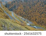 A winding road climbs a steep mountainside, carving through a vibrant autumn forest. Vehicles carefully navigate the sharp turns of the pass. An unforgettable experience of alpine scenery.