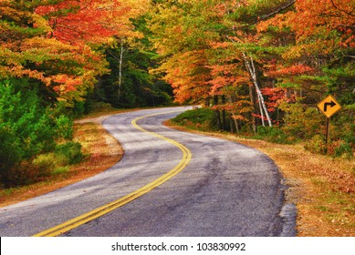 A winding road curves through autumn trees in New England - Powered by Shutterstock