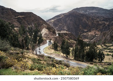 A winding road cuts through the lush, green valleys of the Andes, surrounded by towering mountains and scattered with trees. The overcast sky adds a moody atmosphere to the serene landscape. - Powered by Shutterstock