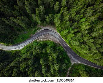 Winding road in forest, aerial drone view, road trip concept.