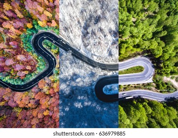 Winding road in the forest. Autumn, summer and winter time collage. Top down aerial view from a drone.