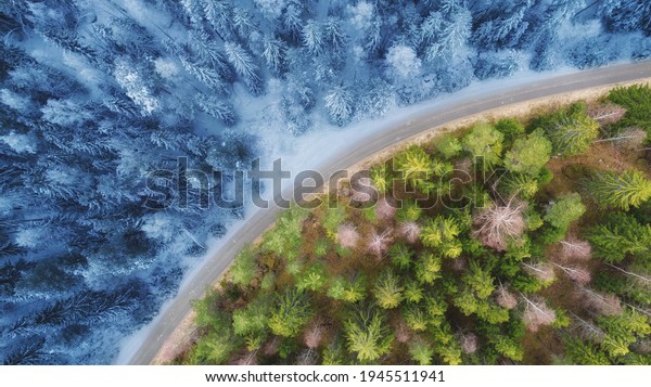 Winding road in the forest. Spring and\
winter time collage. Top down aerial view from a\
drone.