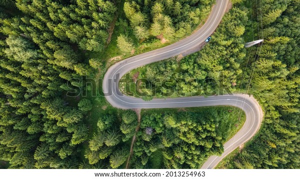 Winding road\
from the high mountain pass in Kopaonik, Serbia. Great road trip\
trough the dense woods. Aerial\
view.