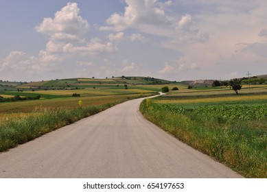 Winding road in the middle of spring fields; landscape background.