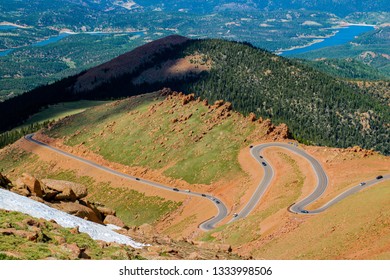 The winding road the Pikes Peak in Colorado Springs, Colorado of United States