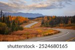 Winding road through colorful fall foliage in Denali National park, Alaska.