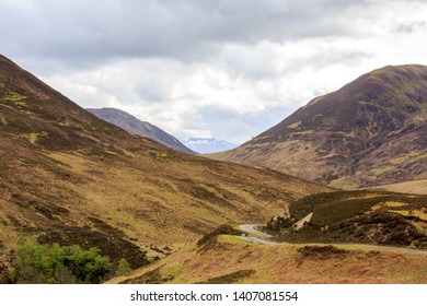 Winding road through Glen Roy in the Scottish Highlands