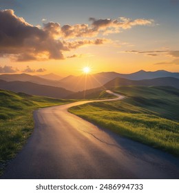 Winding Road Through Hills at Sunset
A winding road meanders through lush green hills under a beautiful sunset, with mountains in the distance. - Powered by Shutterstock