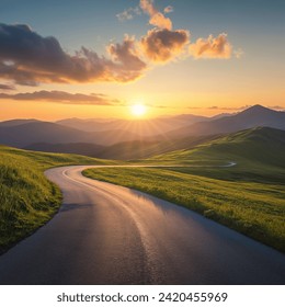 Winding Road through Sunny Hills at Sunset
A picturesque winding road meanders through sunlit hills against a backdrop of a stunning sunset and majestic mountains. - Powered by Shutterstock