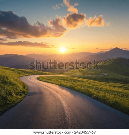 Similar – Image, Stock Photo Mountain landscape. Scenic view of mountain peaks, slopes, hills and valleys covered with grass and trees. Panoramic view. Natural scenery