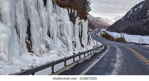 Winding Road In Winter Scenery With Icicles And Snow, Adirondacks, New York