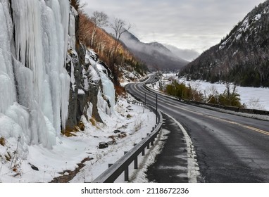 Winding Road In Winter Scenery With Icicles And Snow, Adirondacks, New York