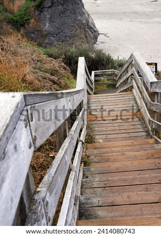 Winding, wooden stairway decends to Face Rock Beach in Oregon.  