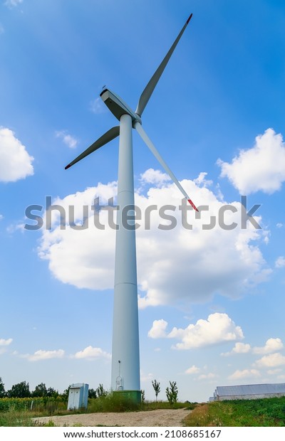 Windmill for electricity\
generation. Green energy concept. Background with copy space for\
text. Vertical.