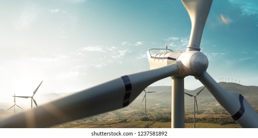 Windmill generator top wiev on the beautiful background. Sunset nature - Shutterstock ID 1237581892
