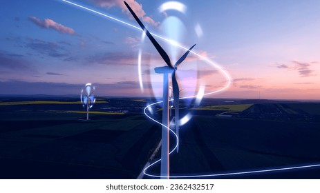 Windmill and graphic diagram of air currents that produce green energy. Green energy power production it is future.Renewable energy design.Digital graphic work on green energy power Production. - Powered by Shutterstock