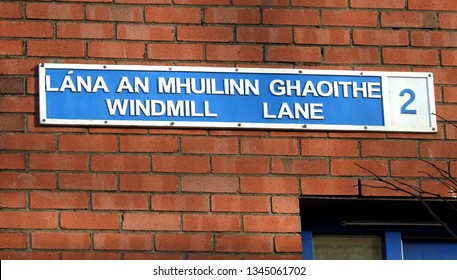 Windmill Lane street sign in English and Irish language, the home of the old recording studio of Irish band U2.