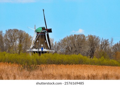 Windmill overlooks fields of grain.