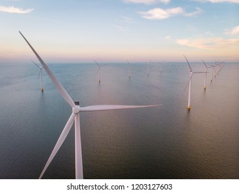 Windmill Park During Sunset, Wind Mills Netherlands Lake IJsselmeer , Drone Aerial View From Above