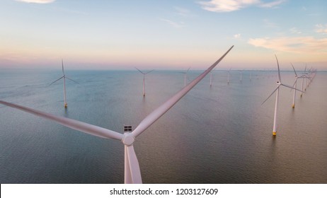 Windmill Park During Sunset, Wind Mills Netherlands Lake IJsselmeer , Drone Aerial View From Above