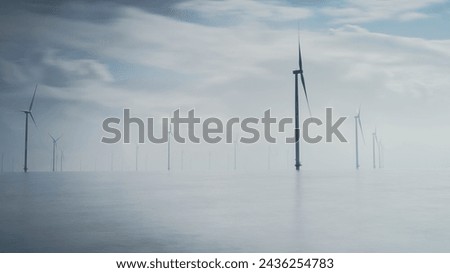 Windmill park in the ocean, aerial view of windmill turbines generating green energy electric, windmills isolated at sea in the Netherlands.