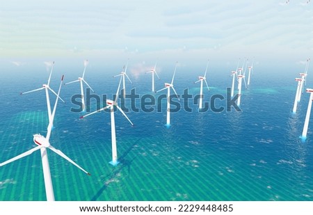 Windmill park in the ocean, drone aerial view of windmill turbines generating green energy electric. Ocean Wind Farm. Windmill farm in the ocean. 