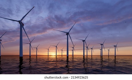 Windmill park. Offshore wind turbines farm on the ocean. Sustainable energy production. Green Energy, clean power, clean energy concept.	
 - Powered by Shutterstock