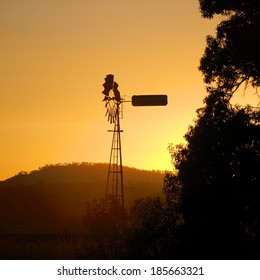 Windmill At Sunrise In The Darling Downs.