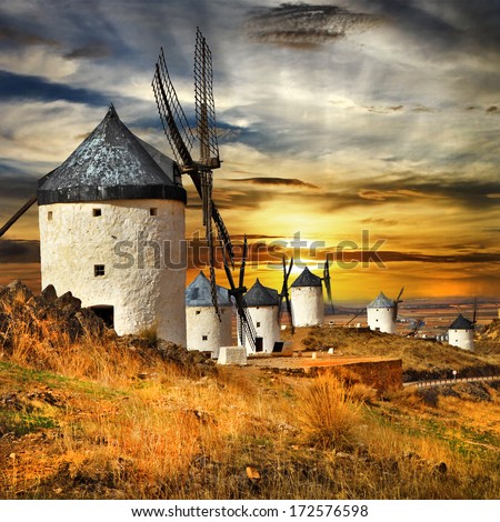 windmills of Don Quixote., Spain. Traditional spanish windmills. Legendary windmills of writer Servantes. Consuegra, Spain