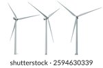  Windmills for eco energy. Three wind turbines isolated on transparency background. Windmill for electric power production                               