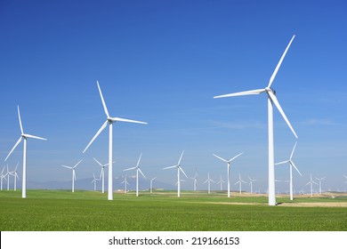 Windmills for electric power production, Zaragoza province, Aragon, Spain - Shutterstock ID 219166153