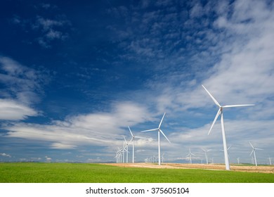 Windmills for electric power production, Zaragoza province, Aragon, Spain. - Shutterstock ID 375605104