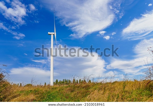 Windmills for electricity generation. Green energy
concept. Background with copy space for text. Modern farm outside
the city.