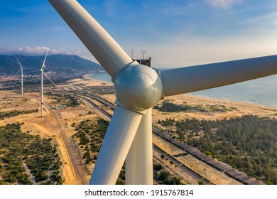 Windmills generate electricity in a fields. Phuong Mai peninsula, Quy Nhon city, Binh Dinh, Vietnam
