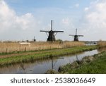 The windmills at Kinderdijk, the Netherlands, a UNESCO world heritage site. Built about 1740 system 19 windmills is part of a larger water management system to prevent flooding.