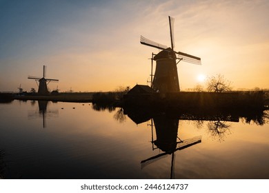 Windmills in the Netherlands during sunset