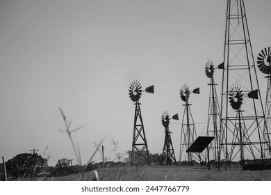 Windmills on the side of the road in Montague, Texas black and white photography - Powered by Shutterstock