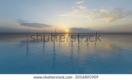 Windmills in the sea. Wind power. Green energy.