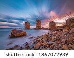 Windmills at sunset in Chios Island