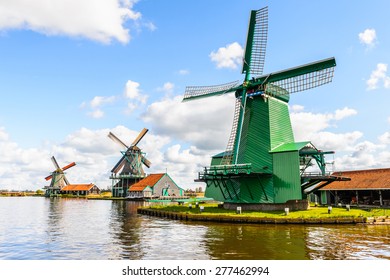 Windmills of Zaanse Schans, quiet village in Netherlands, province North Holland