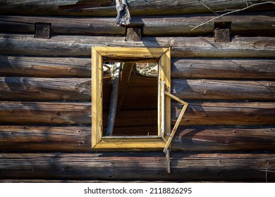 Window of abandoned old log house in Slovak mountain village - Shutterstock ID 2118826295