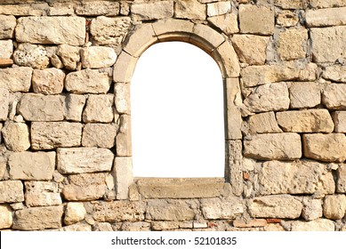 Window In The Ancient Stone Wall White Isolated