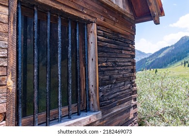 Window With Bars Of The  Abandoned Jail House In Animas Forks, A Historical Ghost Town And Old Mining Camp On The Animas Off-high Trail In The San Juan Mountains