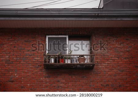 Window box filled with small potted plants on a red brick house wall, Hyehwa, SEOUL, KOREA