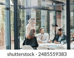 Window, business people or planning in meeting for paperwork, teamwork or collaboration together. Shareholders, investor or executive director speaking in discussion for feedback, review or project