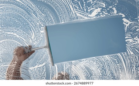 Window cleaner using a squeegee to wash and clean a window with clear blue sky
