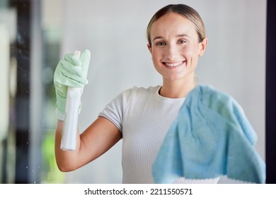 Window, Cleaning Service And Woman In Portrait With Cloth Cleaner Product, Spray Bottle And Gloves In Home Or Office. Entrepreneur Person In House With Soap Liquid, Detergent For Spring Clean Career