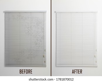 Window With Closed Blinds Before And After Cleaning